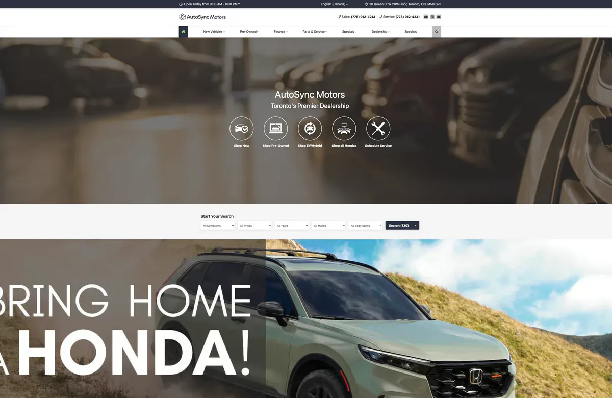 The AutoSync Motors demo dealer site, top to bottom
