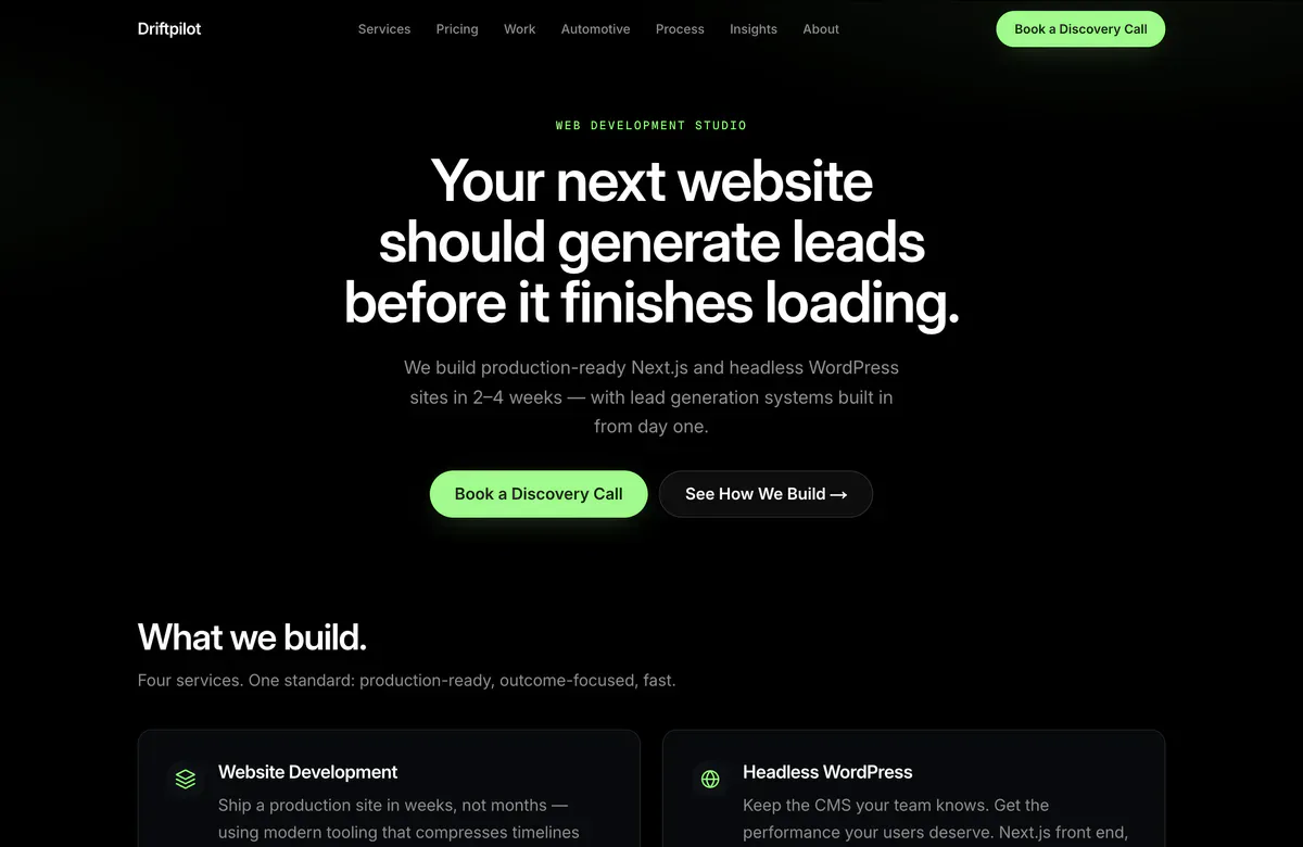 The DriftPilot studio site, from the hero down through its services and delivery process