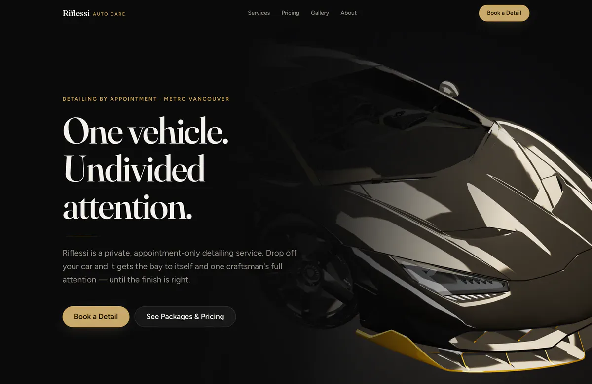 The Riflessi Auto Care home page, from the 3D hero down through its services and the bay