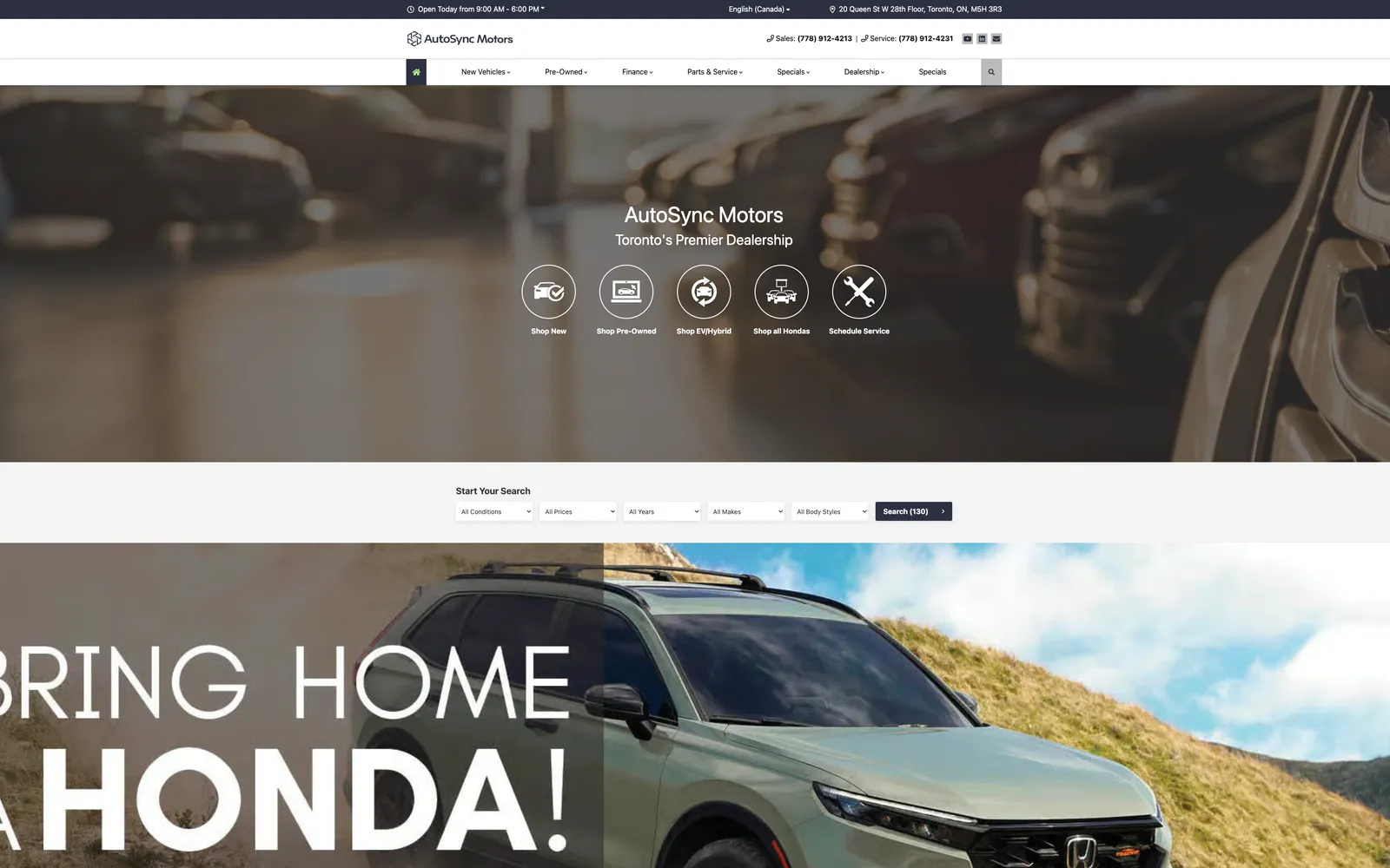 The AutoSync Motors demo dealer site, above the fold