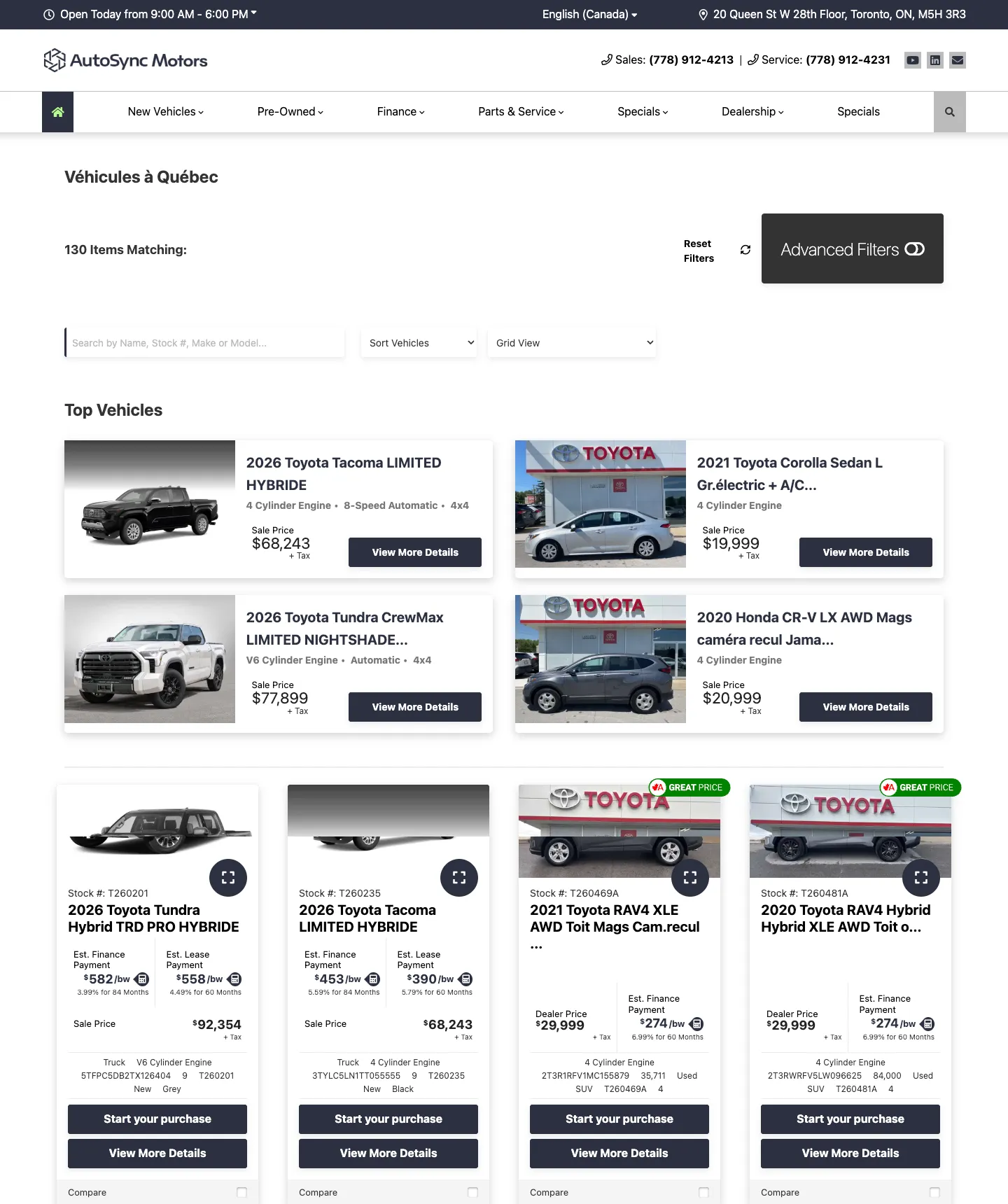 The AutoSync demo's inventory listing: filters, top vehicles, and the vehicle card grid with finance and lease payments