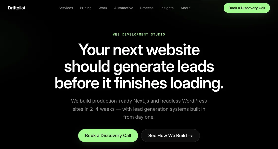 The DriftPilot studio site, above the fold