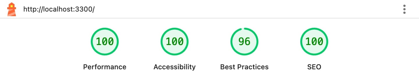 Lighthouse report header for a production build of driftpilot.ca: Performance 100, Accessibility 100, Best Practices 96, SEO 100
