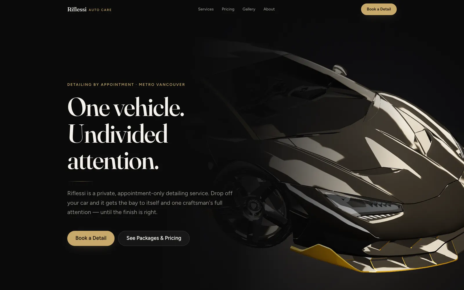 The Riflessi Auto Care home page, with the 3D vehicle hero rendered