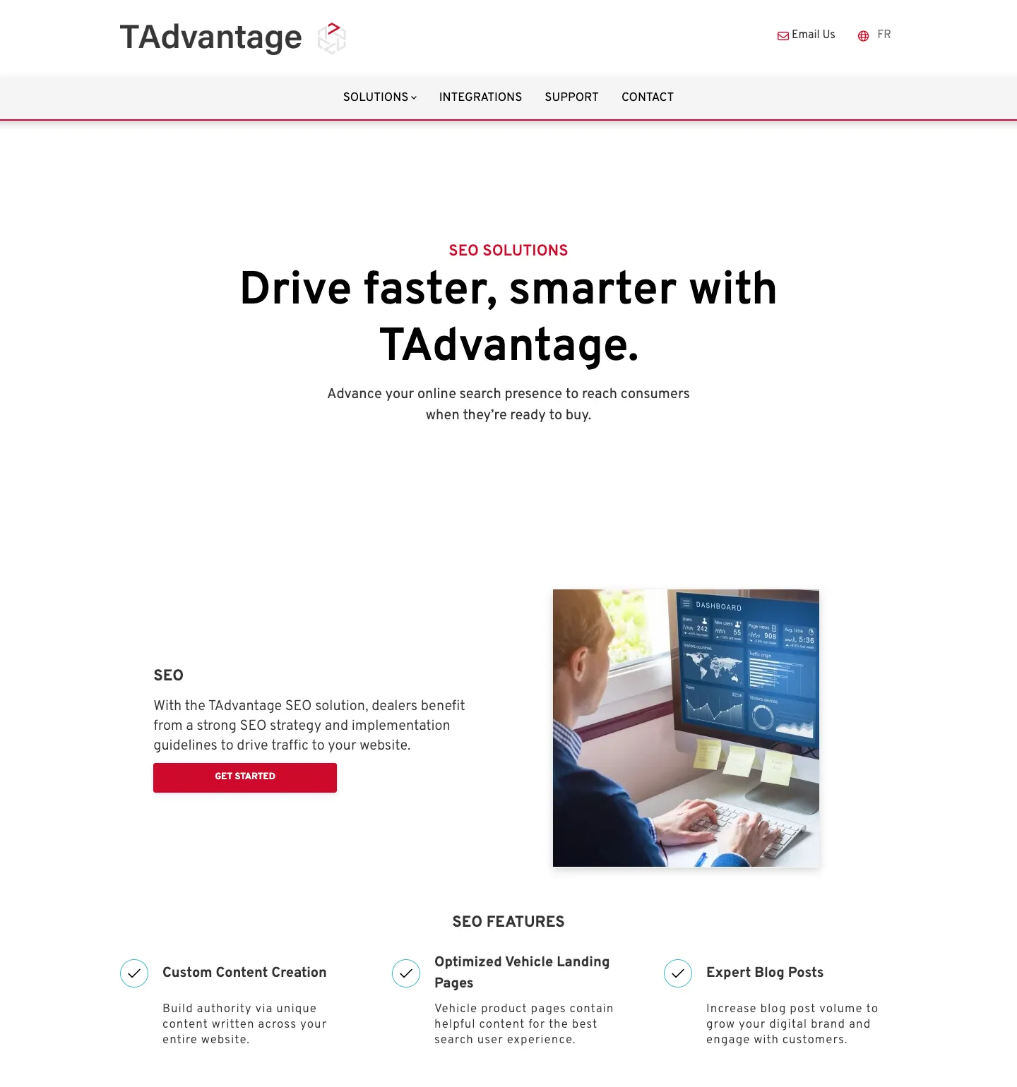 The SEO Solutions page on tadvantage.ca, with its SEO features: custom content, optimized vehicle landing pages, and blog posts